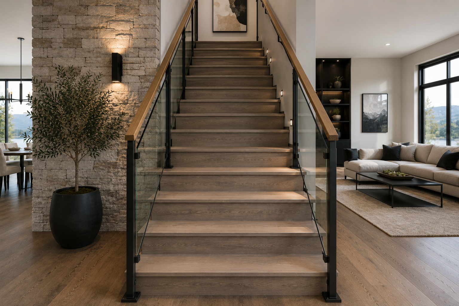 Completed residential staircase viewed from the front